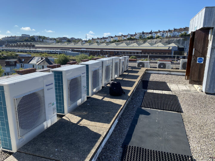 Air conditioning units in a row on the roof of Telecom House Brighton