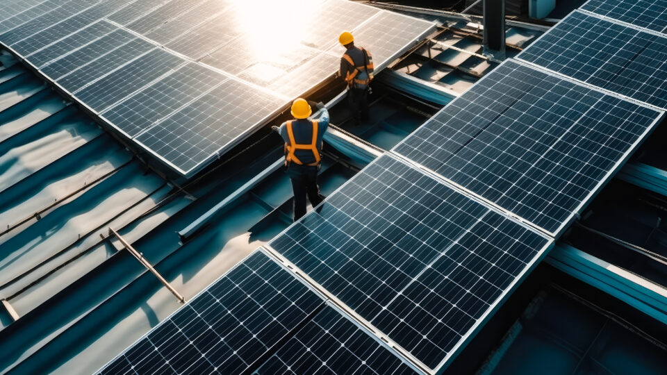 Engineers installing photovoltaic solar panels