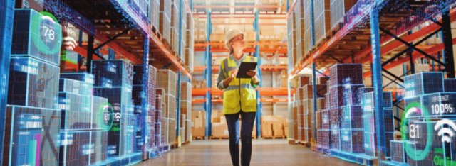 Racking inspector walking through warehouse